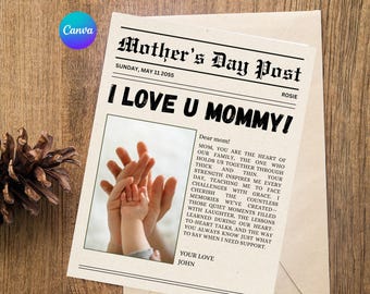Plantilla de periódico para el Día de la Madre, inserto de flores para periódico imprimible para mamá, folleto de tarjeta para el Día de la Madre, envoltorio de ramo para mamá, plantilla editable