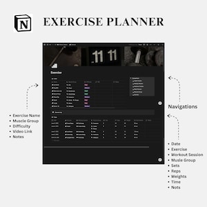 May include: A digital exercise planner interface with the text "EXERCISE PLANNER" at the top. The interface includes sections for exercise name, muscle group, difficulty, video link, and notes. The planner also features a navigation section and a workout log.