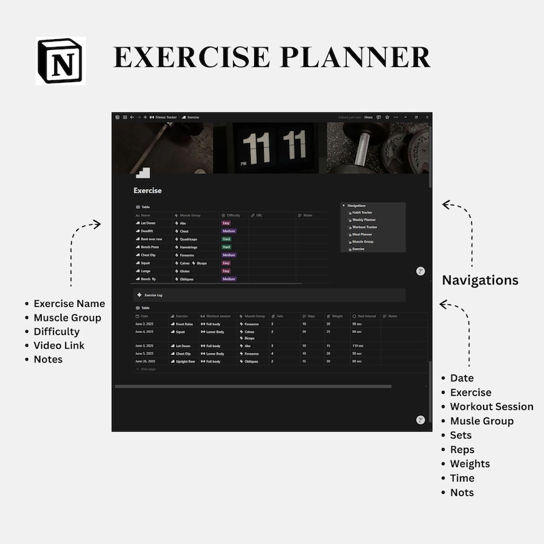 May include: A digital exercise planner interface with the text "EXERCISE PLANNER" at the top. The interface includes sections for exercise name, muscle group, difficulty, video link, and notes. The planner also features a navigation section and a workout log.