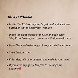 Pode incluir: Uma p&aacute;gina bege com o t&iacute;tulo "HOW IT WORKS!" e marcadores que explicam como usar um modelo. As instru&ccedil;&otilde;es incluem abrir um PDF, clicar em um link e personalizar o conte&uacute;do. O texto &eacute; preto, sem serifa.