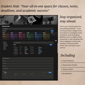 Pode incluir: Interface digital para um hub de estudantes, com hor&aacute;rio de aulas, rastreador de avalia&ccedil;&atilde;o e planejador de sess&otilde;es de estudo. A interface &eacute; escura com blocos coloridos para diferentes disciplinas e inclui o texto "Student Hub: Your all-in-one space for classes, notes, deadlines, and academic success."