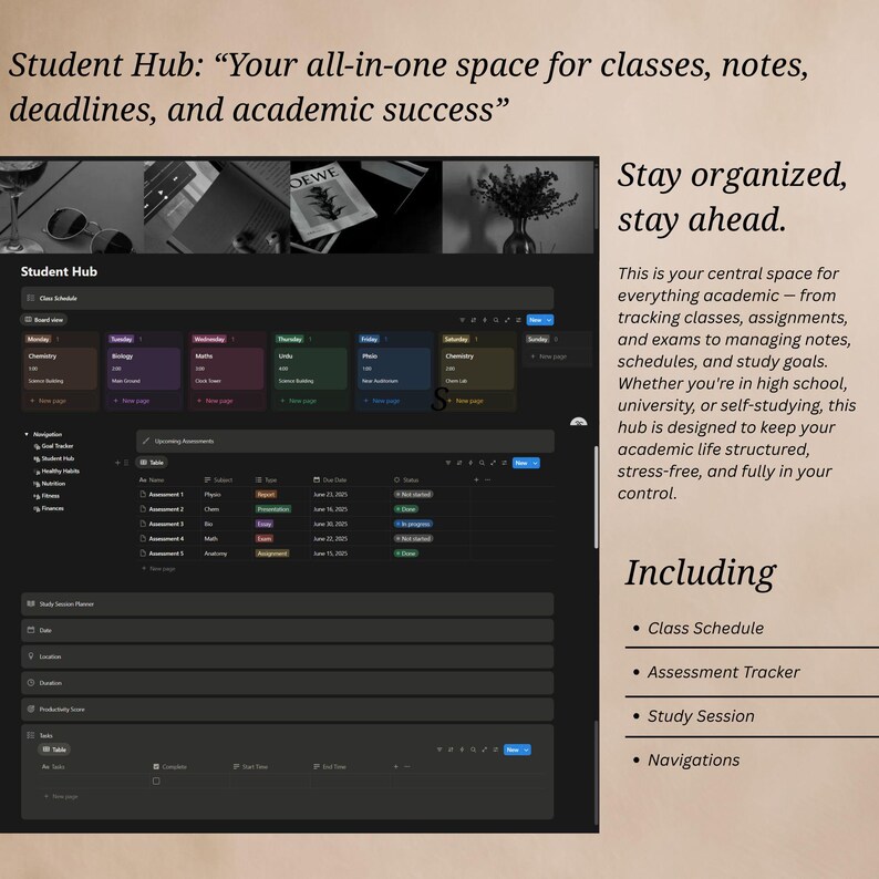 Pode incluir: Interface digital para um hub de estudantes, com hor&aacute;rio de aulas, rastreador de avalia&ccedil;&atilde;o e planejador de sess&otilde;es de estudo. A interface &eacute; escura com blocos coloridos para diferentes disciplinas e inclui o texto "Student Hub: Your all-in-one space for classes, notes, deadlines, and academic success."