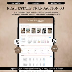 Può includere: Una dashboard digitale intitolata Real Estate Transaction OS visualizzata su uno schermo di tablet. L'interfaccia include sezioni per documenti, scadenze, contatti e commissioni. Presenta un badge di aggiornamento 2026 e i loghi Notion e Canva.