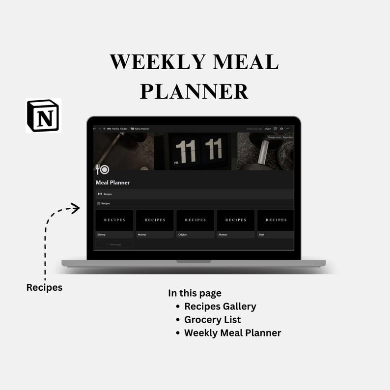 May include: A laptop displaying a "Weekly Meal Planner" interface. The screen shows a dark-themed design with the text "11 11" and a section for recipes. The image also includes the text "Recipes Gallery," "Grocery List," and "Weekly Meal Planner."