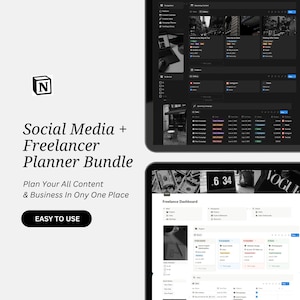 May include: A digital planner bundle for social media and freelancers featuring the Notion logo. The text reads Social Media + Freelancer Planner Bundle, Plan Your All Content & Business In Ony One Place, and EASY TO USE. Two tablet screens display dashboards.