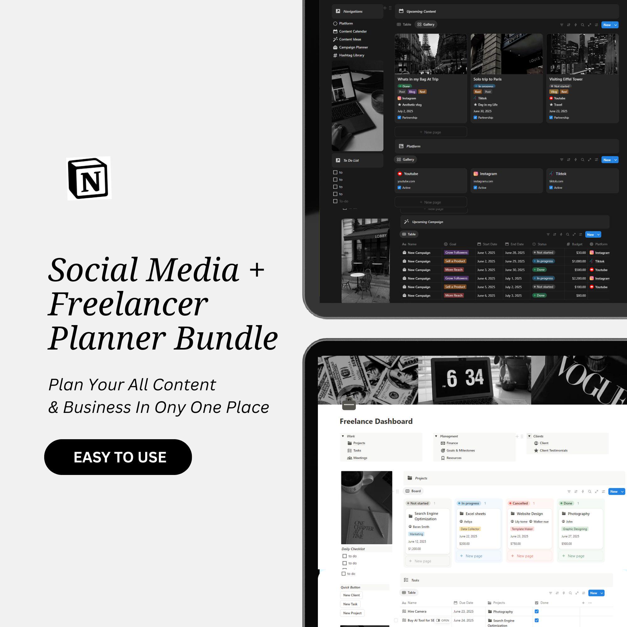 Notion Template 2026 Freelance & Content Planner, Social Media Planner, Notion Dashboard, Project Management, Instagram Content Calendar