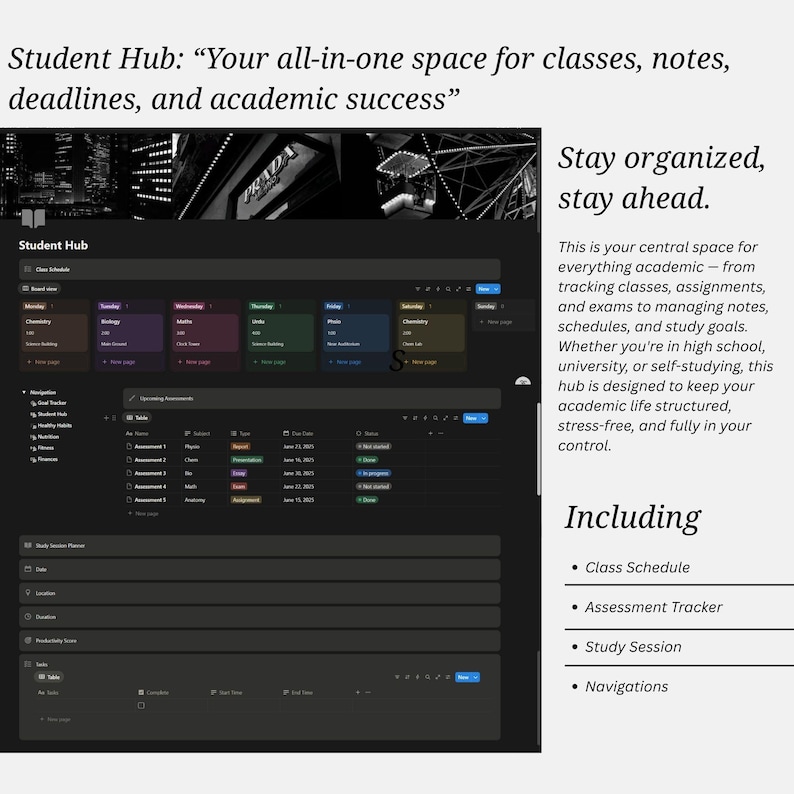 May include: A digital student hub dashboard interface featuring a dark mode layout with a class schedule, assessment tracker, and study session planner. The text includes Student Hub: Your all-in-one space for classes, notes, deadlines, and academic success.