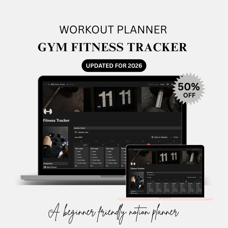 Digital Notion workout planner and gym fitness tracker template in dark mode displayed on laptop and tablet.