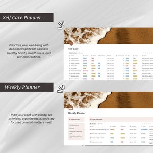 May include: A digital planner template featuring a Self Care Planner section with a beach-themed header and a table for wellness habits, and a Weekly Planner section with a task list, priority tracking, and a matching beach-themed header.