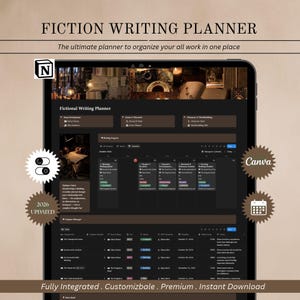 May include: A digital fiction writing planner displayed on a tablet screen, featuring a dark interface with sections for story development, scene research, and character worldbuilding, including a calendar and chapter manager.
