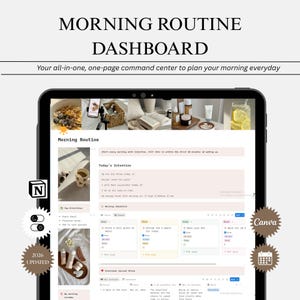 May include: A digital tablet displays a "Morning Routine Dashboard" with the text "Morning Routine Dashboard" at the top. The screen shows a checklist and a section for intentions. The word "Canva" is visible. The text "2026 Updated" is also visible.