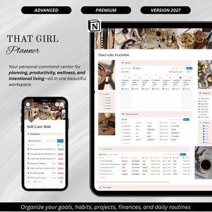 May include: A digital planner interface displayed on a smartphone and a tablet, titled That Girl Planner Version 2027. The screens show a self-care hub, calendar, to-do lists, and habit trackers with soft beige and neutral color palettes.