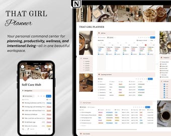 May include: A digital planner interface displayed on a smartphone and a tablet, titled That Girl Planner Version 2027. The screens show a self-care hub, calendar, to-do lists, and habit trackers with soft beige and neutral color palettes.