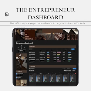 Può includere: Un tablet nero mostra "THE ENTREPRENEUR DASHBOARD" con il testo "Your all-in-one, one-page command center to run your business with clarity." Lo schermo mostra una dashboard aziendale con sezioni di gestione finanziaria e delle attività.