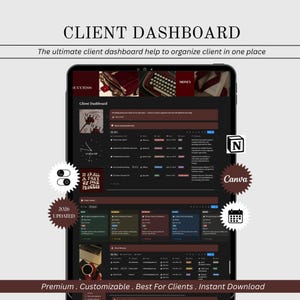 Op de afbeelding: Een digitaal client dashboard interface weergegeven op een tabletscherm, met donkergekleurde projectvolgtabellen, takenlijsten en communicatielogboeken. De lay-out bevat teksten zoals 'CLIENT DASHBOARD', '2026 UPDATED' en 'IT IS ALL A PART OF THE PROCESS' naast iconen voor Notion, Canva en een kalender.