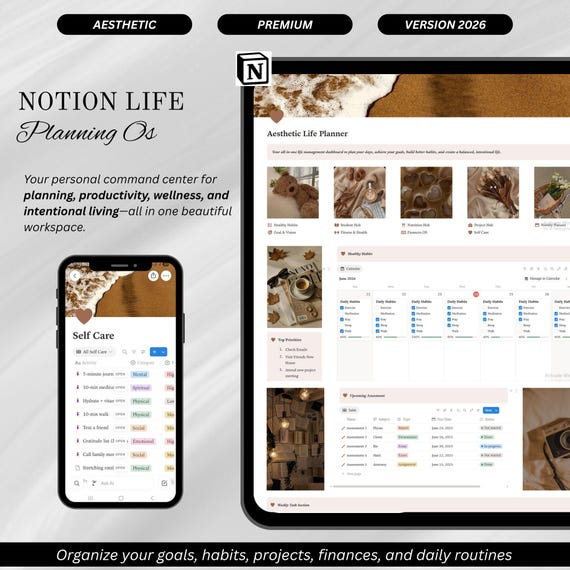 Digital Life Planner Template Notion Aesthetic Productivity System 2026 Student Goal Tracker Modern Minimalist Cozy Task Manager