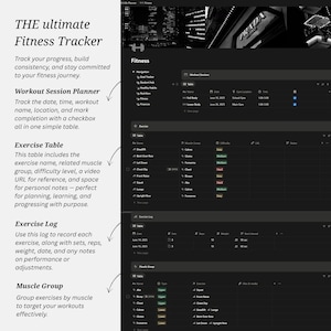 May include: A digital fitness tracker interface featuring a dark theme with white text. The layout includes sections for a Workout Session Planner, Exercise Table, Exercise Log, and Muscle Group, displaying tables for tracking dates, exercises, sets, reps, and weights.