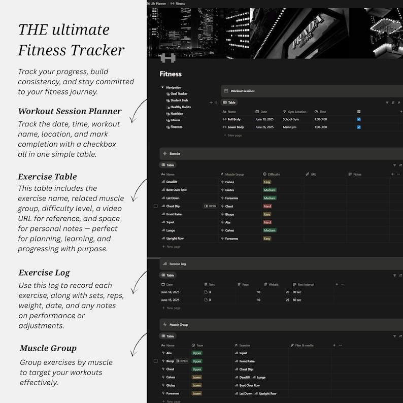 May include: A digital fitness tracker interface featuring a dark theme with white text. The layout includes sections for a Workout Session Planner, Exercise Table, Exercise Log, and Muscle Group, displaying tables for tracking dates, exercises, sets, reps, and weights.
