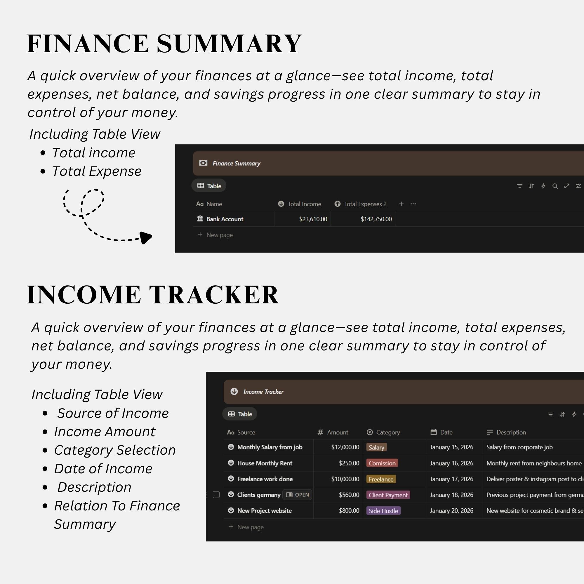 Notion 2026 Finance Planner Expense & Income Tracker Bill Tracker Dark ...
