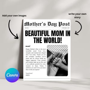 Modelo de jornal para o dia das mães, modelo de jornal para impressão, presente para a mãe, ideia de cartão para o dia das mães, postagem para a mãe, modelo editável para o dia das mães