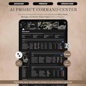 May include: A digital project management dashboard titled AI PROJECT COMMAND CENTER VERSION 2026. The interface features a dark theme with sections for project planning, team communication, resource operations, and collaboration, including task lists and budget tracking.