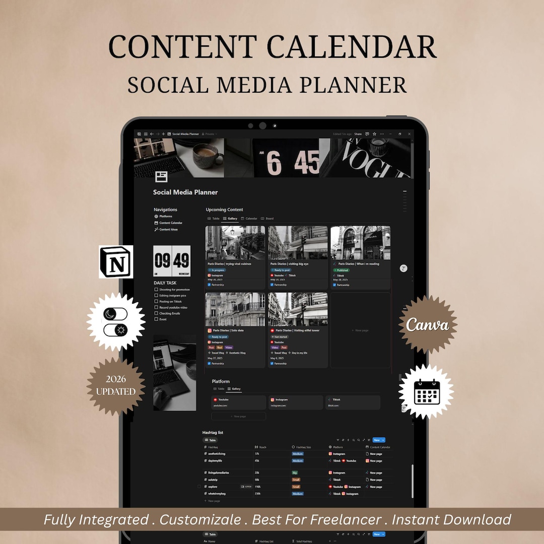 Social Media Content Planner Notion Template Instagram Youtube Tiktok ...