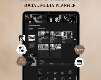 Planejador de conteúdo para mídias sociais - Modelo do Notion - Calendário de conteúdo para Instagram, YouTube e TikTok - Gerenciador de mídias sociais - Painel do Notion
