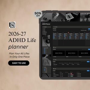 Pode incluir: Um planejador de vida digital para TDAH exibido em um tablet. A tela mostra uma interface escura com se&ccedil;&otilde;es para h&aacute;bitos di&aacute;rios, receitas e detalhes da conta. O texto na tela diz "ADHD Planner" e "2026-27 ADHD Life planner". Um adesivo de 50% de desconto est&aacute; no canto superior esquerdo.