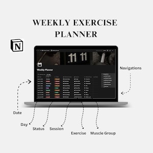 May include: A laptop displaying a weekly exercise planner with the text "WEEKLY EXERCISE PLANNER." The screen shows a calendar layout with sections for date, day, status, session, exercise, and muscle group. A "N" logo is in the upper left.
