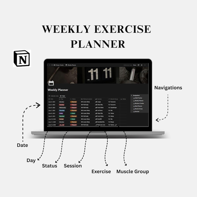 May include: A laptop displaying a weekly exercise planner with the text "WEEKLY EXERCISE PLANNER." The screen shows a calendar layout with sections for date, day, status, session, exercise, and muscle group. A "N" logo is in the upper left.