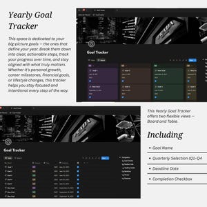 May include: A digital Yearly Goal Tracker interface featuring a dark mode layout with board and table views. The screen displays goal names, quarterly selections from Q1 to Q4, deadline dates, and completion checkboxes for tracking progress.