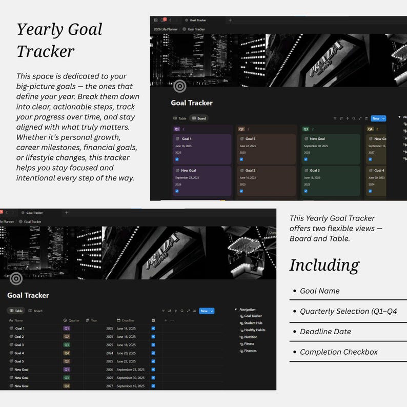 May include: A digital Yearly Goal Tracker interface featuring a dark mode layout with board and table views. The screen displays goal names, quarterly selections from Q1 to Q4, deadline dates, and completion checkboxes for tracking progress.