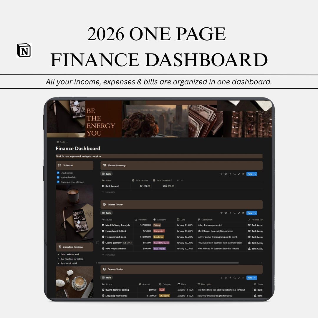 Notion 2026 Finance Planner Expense & Income Tracker Bill Tracker Dark ...