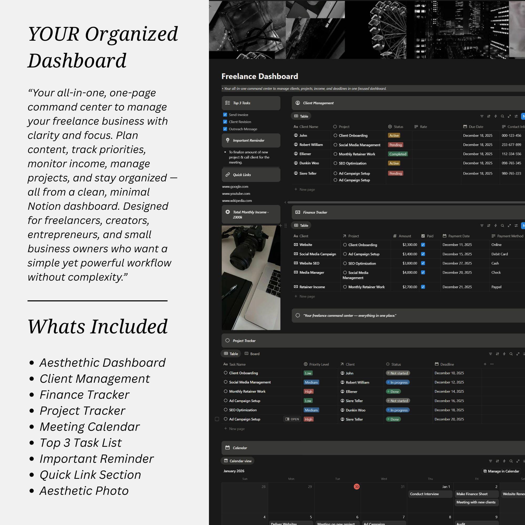 Freelance Notion Dashboard Template | Client & Income Tracker CRM ...