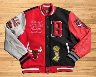 Ręcznie robiona kurtka Chicago Varsity – wełna i skórzane rękawy Kurtka Bull Fans dla mężczyzn