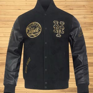 Handgefertigte NY Met Varsity-Jacke für Herren - Schwarze Leder-Bomberjacke für Herren, Retro-Baseballjacke, Geschenk für Ihn