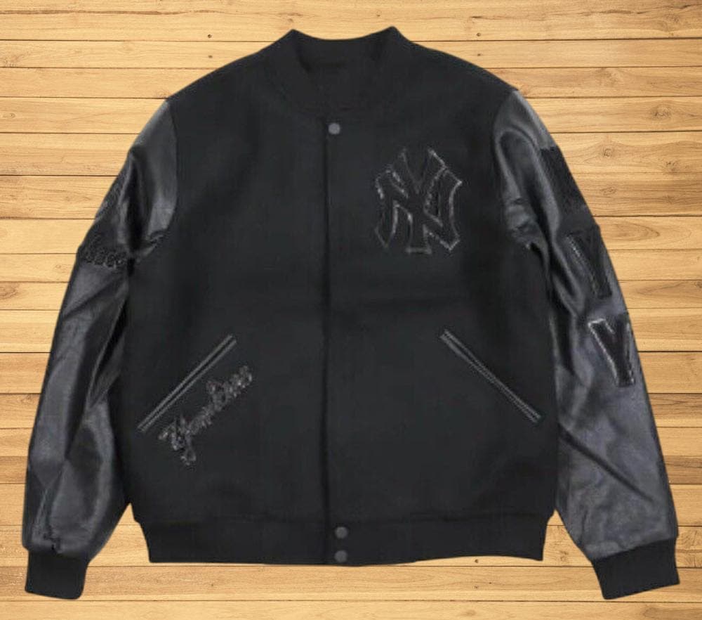 Handmade NY Yan-kees Varsity Jacket – Men's Black Leather Sleeve
