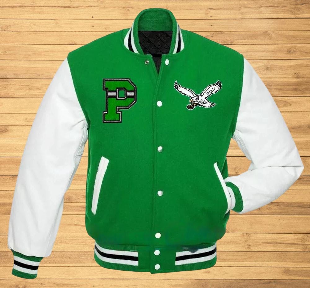 Ręcznie robiona kurtka baseballowa Philadelphia Eagle's Vintage Varsity Jacket - zielona wełna i białe skórzane rękawy - kurtka futbolowa retro - prezent dla niego