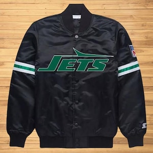Handmade Men&#39;s NY Jet&#39;s Varsity Jacket – Men’s Black Satin Bomber Jacket, Retro Baseball Jacket, Gift for Him