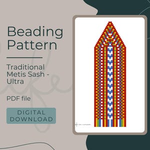 Op de afbeelding: Een digitaal downloadpatroon voor een kralensjerp. Het patroon is voor een traditionele Métis-sjerp met een rood, geel, blauw en wit kleurenschema. Het patroon heet "Ultra".