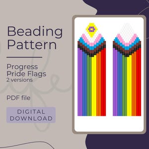 May include: Beading pattern for two versions of the Progress Pride flag. The pattern includes a white background with a yellow star and a rainbow with black, brown, light blue, pink, and white stripes.