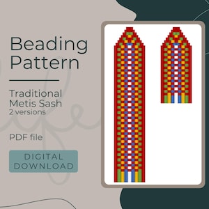 May include: A digital download pattern for beading a traditional Métis sash. The pattern includes two versions of the sash, one with a red, white and blue colour scheme and the other with a green, white and blue colour scheme.