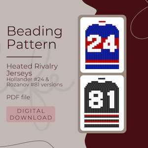 May include: Digital beading pattern featuring two pixelated hockey jerseys. One is blue with the number 24 in white and red accents. The other is black with the number 81 in white. The text "Beading Pattern" and "Heated Rivalry Jerseys" are also visible.