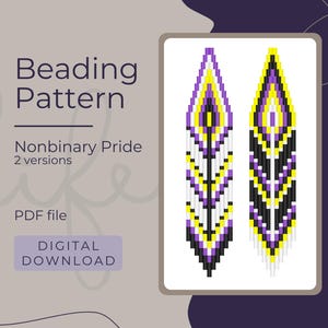 May include: Beading pattern for non-binary pride earrings. The pattern features two versions of earrings with a yellow, purple and white colour scheme. The text "Beading Pattern" and "Nonbinary Pride" is visible in the image. The text "2 versions" and "PDF file" is also visible in the image.
