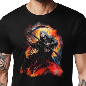 Fiery Grim Reaper T-Shirt: Gothic Streetwear, Inferno Design
