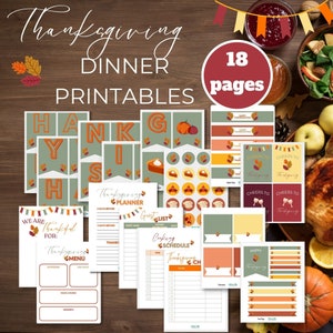 Könnte beinhalten: Druckbarer Thanksgiving-Dinner-Planungs- und Party-Dekor-Set mit 18 Seiten. Enthält ein Menü, einen Planer, eine Gästeliste, einen Kochplan, Platzkarte, Banner und Aufkleber in Herbstfarben und -designs.