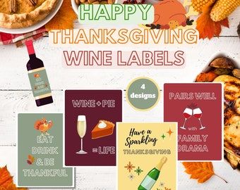 Étiquettes de vin imprimables Thanksgiving - 4 designs modernes