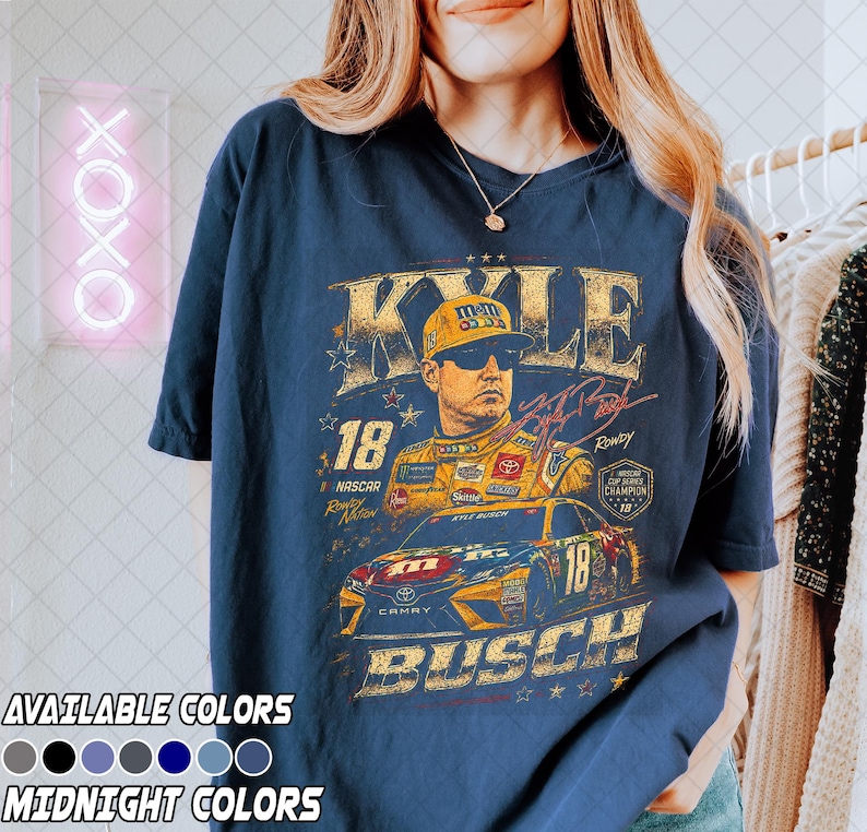 Comfortkleuren vintage Kyle Busch-shirt, 18 Racing Rowdy Busch vintage stijl graphic T-shirt, cadeau fan Stock Car afbeelding 3