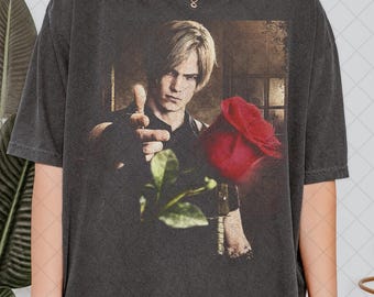 Comfort Colors Leon Kennedy Rose Shirt, Gothic Gamer Tee, Survival Horror Game Shirt, Dark Aesthetic Gaming Tee, Vintage Style Gamer Gift