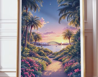 Könnte beinhalten: Ein gerahmter Kunstdruck zeigt eine tropische Szene mit Palmen, einem Weg und einer Brücke über dem Wasser bei Sonnenuntergang. Das Kunstwerk zeigt leuchtende Farben, darunter rosa Blumen, grünes Laub und einen farbenfrohen Himmel. Der Druck wird in einem Raum mit Holzboden ausgestellt.